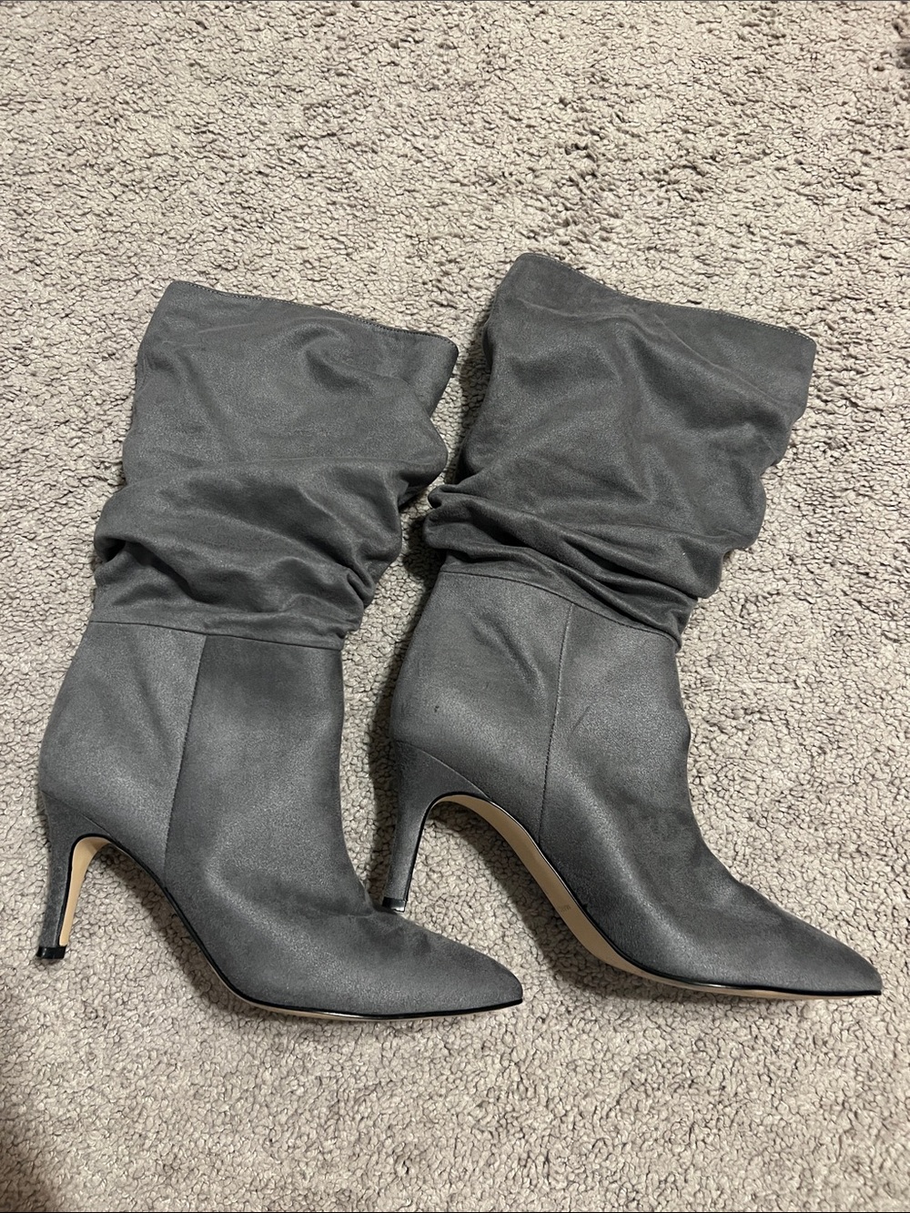 Marc Fisher Gray Slouchy Pointed-Toe Mid-Heel Boots